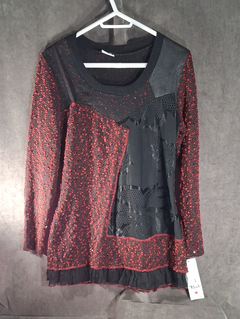Bali Red & Black Patchwork Multi Fabric Long Sleeve Tunic Mini Dress NWT L